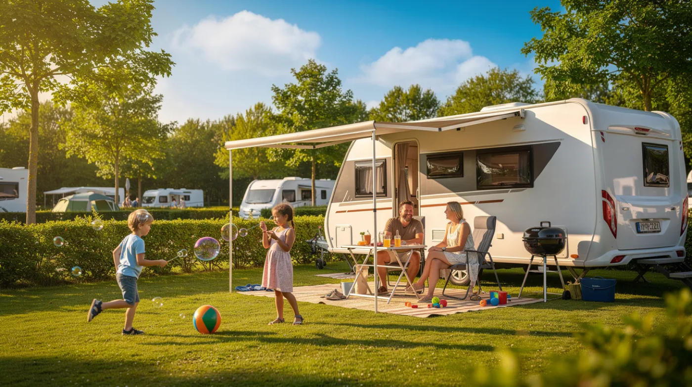 Een gezin geniet van een zonnige dag bij hun caravan op een groene camping, omringd door bomen en gras. Ze maken gebruik van een draadloos netwerk voor razendsnel internet via 5G, wat hen de mogelijkheid biedt om onbeperkt te internetten en te streamen.