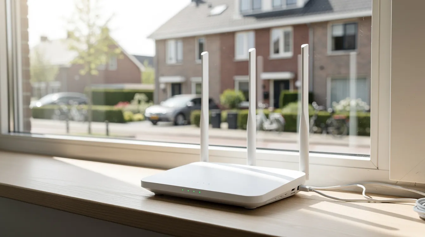 Een moderne wifi router staat bij een raam met uitzicht op een woonwijk, ideaal voor een stabiele internetverbinding. Deze router biedt de mogelijkheid voor tijdelijk internet, waardoor meerdere apparaten eenvoudig kunnen worden verbonden met een betrouwbaar wifi netwerk.