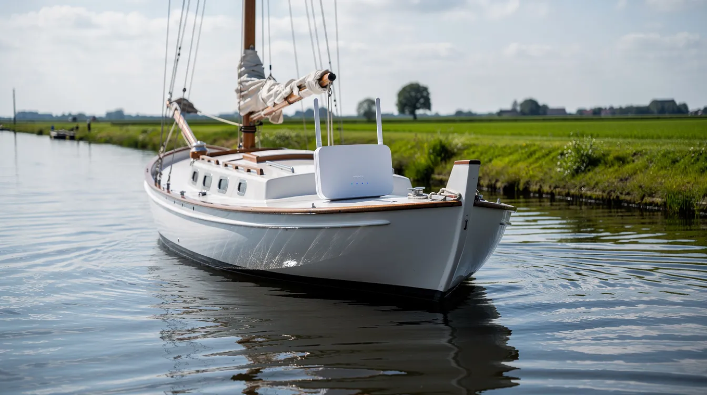 Een Nederlandse zeilboot drijft op kalm water met een compact draadloos routertje op het dak van de cabine, terwijl het groene platteland op de achtergrond zichtbaar is. Dit beeld roept een gevoel van rust en verbondenheid op, perfect voor het afsluiten van een sim only abonnement voor onbeperkt internetten.