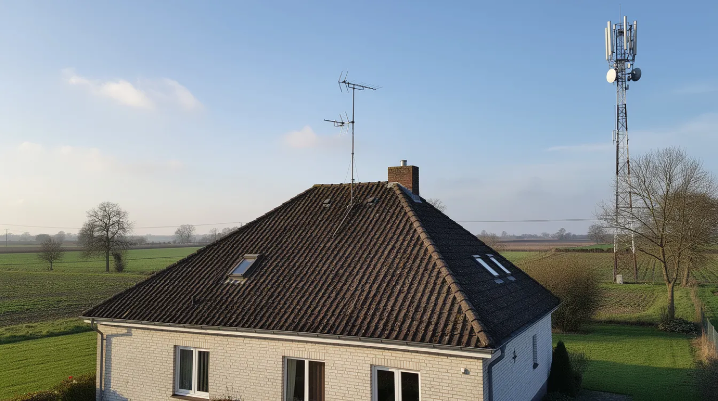 Een vrijstaand huis in een landelijk gebied, met een antenne op het dak die gericht is naar een zendmast. Dit huis biedt mogelijkheden voor snel en stabiel internet in het buitengebied, ideaal voor thuiswerken en streamen.