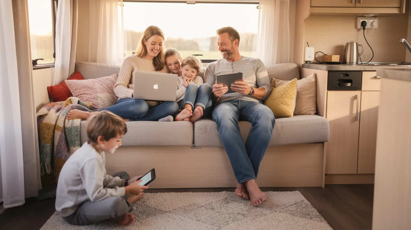 Een gezin zit ontspannen in een caravan, met een laptop en tablet op schoot terwijl ze gebruikmaken van een stabiele internetverbinding. Ze genieten van tijdelijk internet, ideaal voor hun reis.