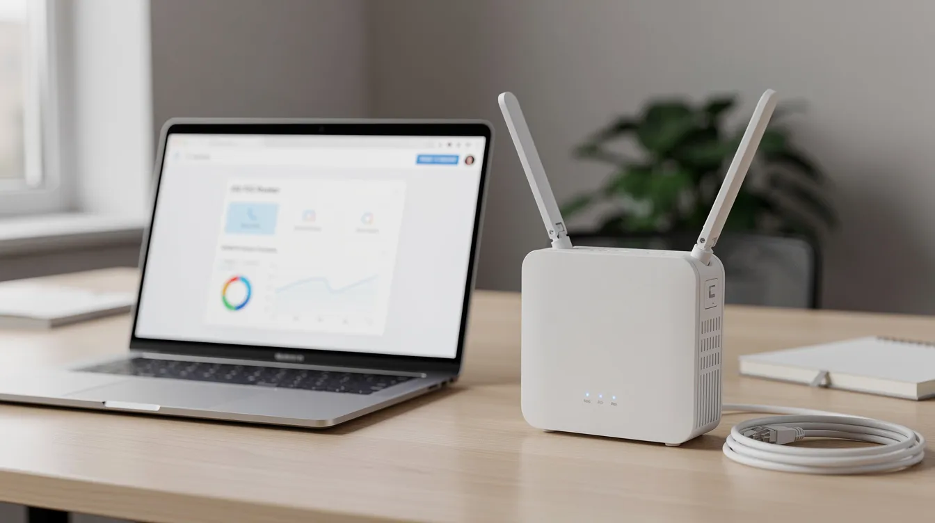 Een moderne 4G/5G router staat op een bureau naast een laptop, klaar voor gebruik met een simkaart voor een snelle internetverbinding. Deze router biedt de mogelijkheid voor een vast IP-adres en is ideaal voor zakelijk internet of tijdelijke internetoplossingen.
